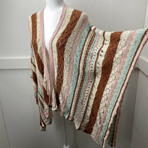 Umgee Poncho Sz Med/Large Pink Blue Brown Boho Open Knit Sweater Cardigan Drape - Picture 4 of 11